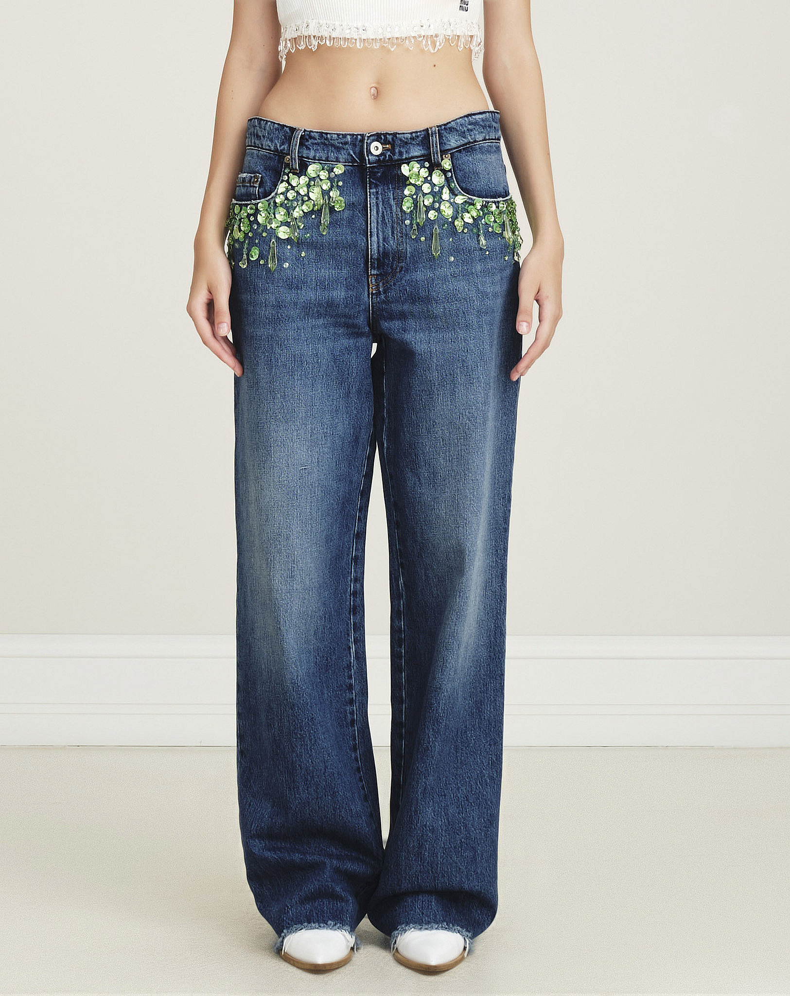 Miu Miu - Crystal Embellished Wide Leg Jeans 28